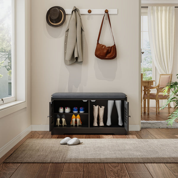 English Elm 28.74"shoe Storage Bench Louvered Cabinet Cushioned Seat Adjustable Shelves Entryway W2948P361401