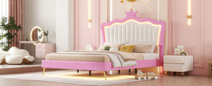 English Elm Full Size Upholstered Princess Bed Frame With Led Lights, Crown Headboard In Pink & White Design W2770P190360