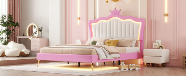 English Elm Full Size Upholstered Princess Bed Frame With Led Lights, Crown Headboard In Pink & White Design W2770P190360