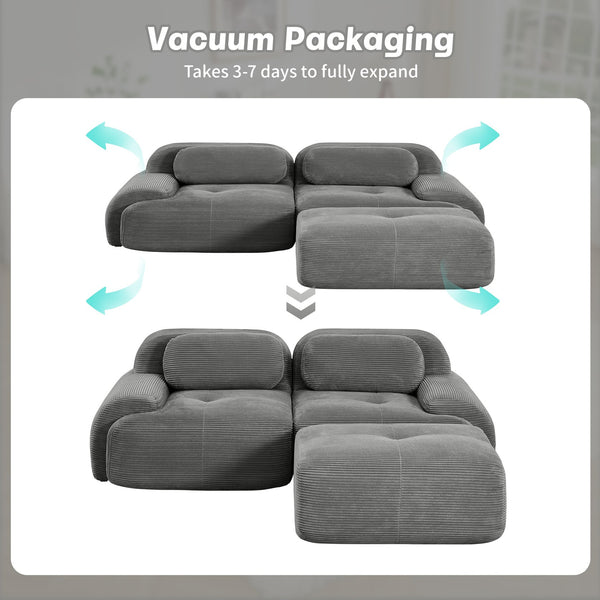 English Elm 82'' Modular L-shaped Sectional Sofa Corduroy Upholstery Curved Arms for Living Rooms Grey W714S01264
