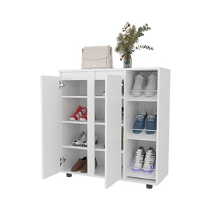 English Elm Gitano Freestanding Shoe Cabinet with 2 Doors, 8 Enclosed & 3 Open Side Shelves, White, Scratch-Resistant Surface B128P375278
