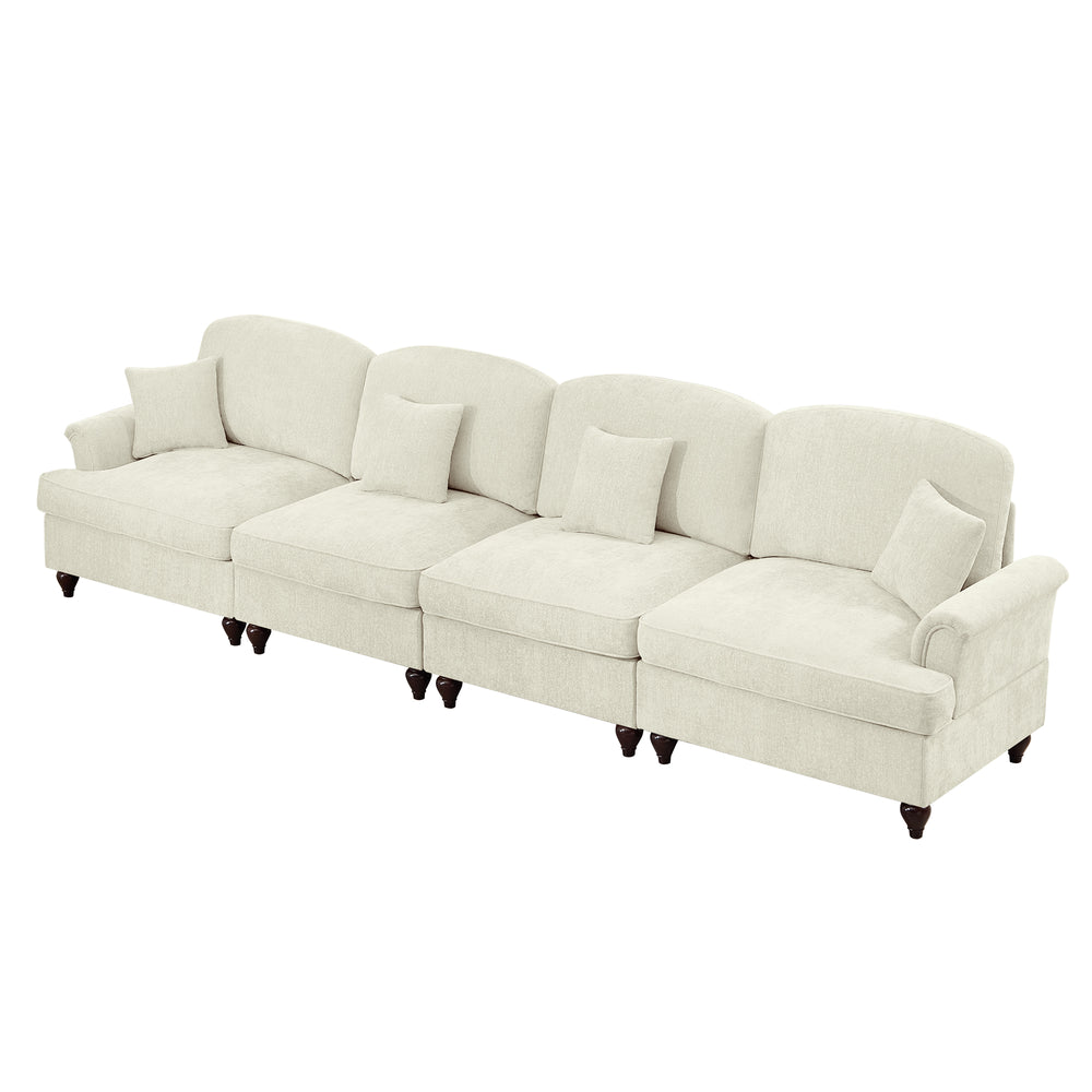 English Elm Elegant Four-Seater Chenille Sofa With Removable Ruffled Skirts, Flared Arms & Spindle Legs For Cozy Living Spaces W3041S00238