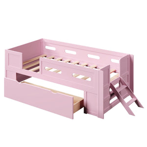 English Elm Wood Twin Platform Bed for Kids with Fence Guardrail and Under Storage Drawer Pink N709P385777H