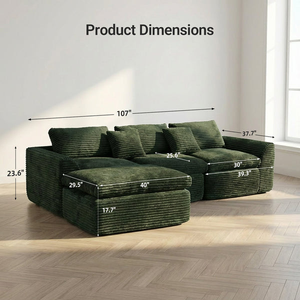 English Elm 108-inch Corduroy Sectional Sofa with Cloud Cushions for Relaxed Living Room Lounging W5105S00003