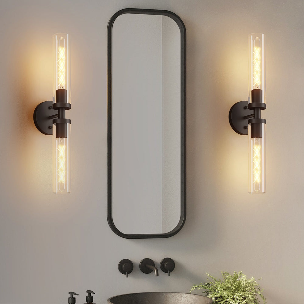 English Elm Wall Matte Modern Sconces Set of 2 for Bathroom Mirror & Hallway — Clear Glass LED Hardwired Surface Mount Black W1340P356898