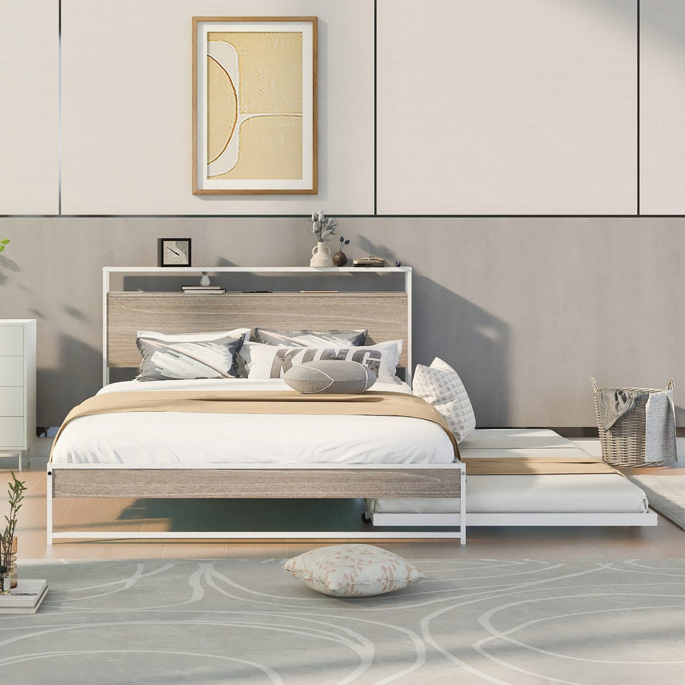 English Elm Queen Steel Platform Bed with Trundle Headboard Shelves and Built-in Usb Charging N708P477431K