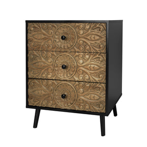 English Elm 3 Drawer Solid Wood Cabinet Hand Carved Relief Fronts Pine Feet Bedroom Storage W688138033