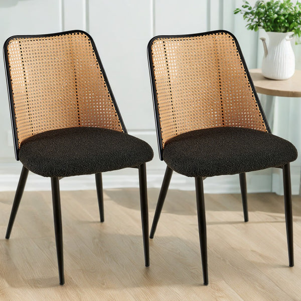 English Elm Black Rattan Dining Chairs Set Of 2 - Stylish Boucle Design With Natural Cane Back For Modern Spaces W1164P218679