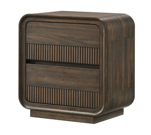 English Elm Mid-century Fluted Two Drawer Nightstand Warm Wood Grain Finish Sculptural Bedroom B2741P457652