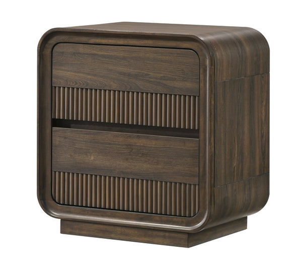 English Elm Mid-century Fluted Two Drawer Nightstand Warm Wood Grain Finish Sculptural Bedroom B2741P457652