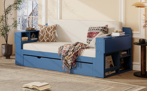 English Elm Queen Daybed with Hydraulic Desk Storage Drawers and Convertible Sofa for Small Spaces Blue LT000272AAC