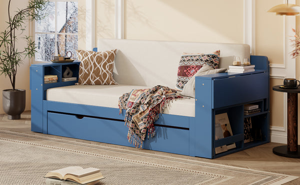English Elm Queen Daybed with Hydraulic Desk Storage Drawers and Convertible Sofa for Small Spaces Blue LT000272AAC