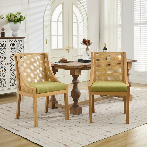 English Elm Rattan Solid Wood Dining Chair with Linen Seat and Decorative Armrests, Rustic Faux Rattan Elegance for Home Olive Green W1143P335054