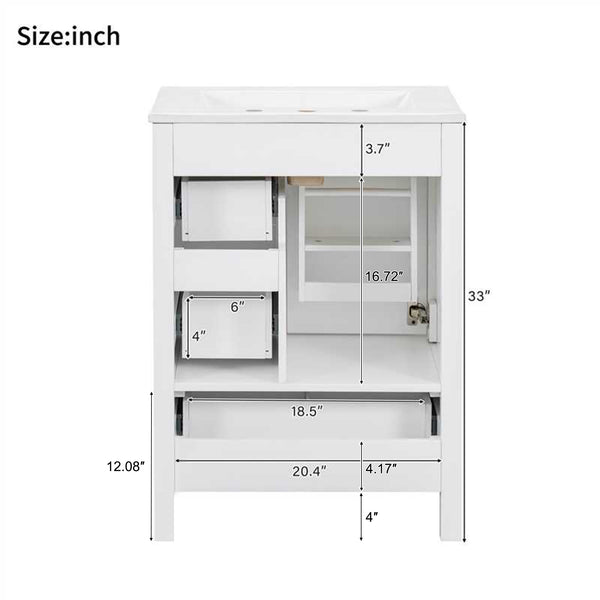 English Elm Modern 24 Inch Bathroom Vanity Solid Wood Cabinet with Ceramic Sink and Soft Close Storage White N729P292859K