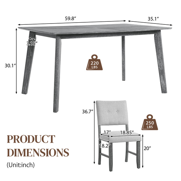 English Elm 5 Piece Dining Set Rustic Farmhouse Rectangular Table with 4 Upholstered Chairs Solid Wood Seats for 4 Gray N752S400015E