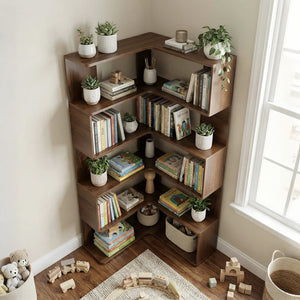 English Elm 6 Tier Corner Bookcase Tall L Shaped Walnut Mdf Open Shelving Unit for Home Office W3204P442028