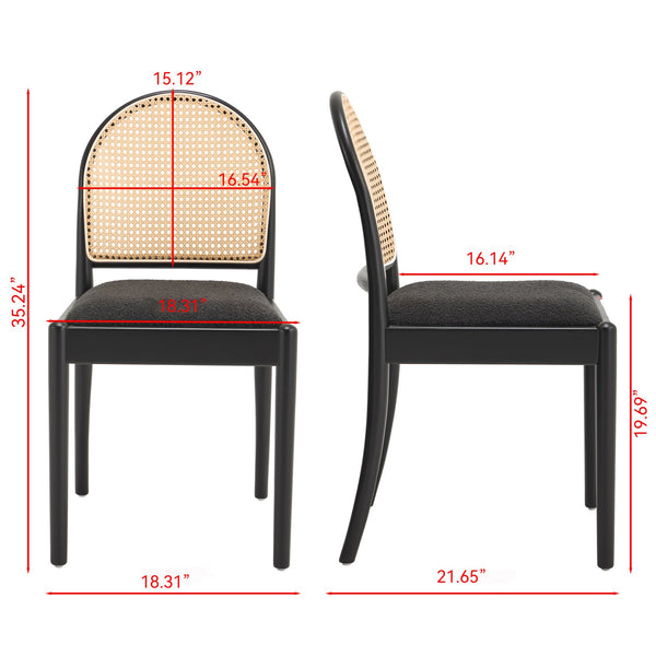 English Elm Rattan Backrest Dining Chairs Set of 2 Teddy Fabric Cushion Solid Wood Legs Kitchen Black W3244P475533