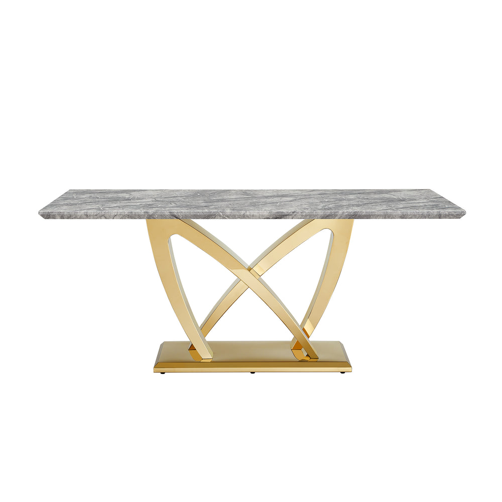 English Elm Marble Dining Table For 6, 70'' Rectangular Faux Marble With Mirrored Stainless Steel Base, Modern Elegance W3456S00026