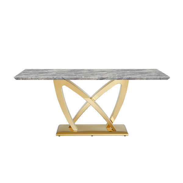 English Elm Marble Dining Table For 6, 70'' Rectangular Faux Marble With Mirrored Stainless Steel Base, Modern Elegance W3456S00026