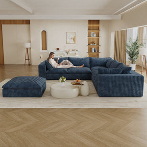 English Elm 118.2" Modular Cloud Sofa Corduroy Upholstered Deep Seat Lounge for Living Room Blue W2824S00156