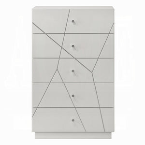 English Elm Ultra Modern white and silver 6-drawer dresser with embossed lines, smooth metal glides, luxe knobs Glossy White 35 L x 22 W x 56 H B2741P408970