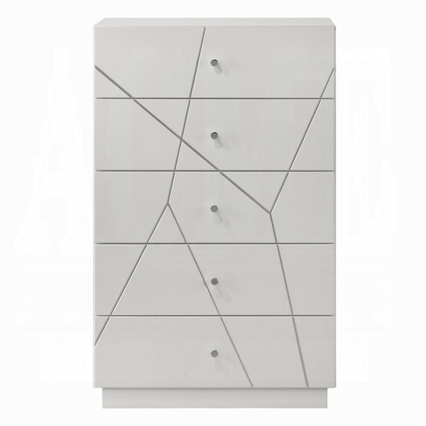 English Elm Ultra Modern white and silver 6-drawer dresser with embossed lines, smooth metal glides, luxe knobs Glossy White 35 L x 22 W x 56 H B2741P408970
