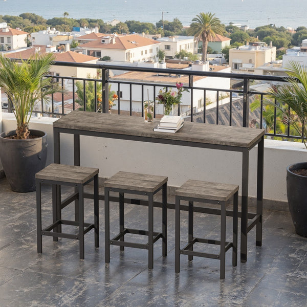 English Elm Modern Long Dining Table Set with 60" Rustic Space-Saving Pub Table and 3 Metal-Frame Stools, Easy Assembly Brown Gray W757113529