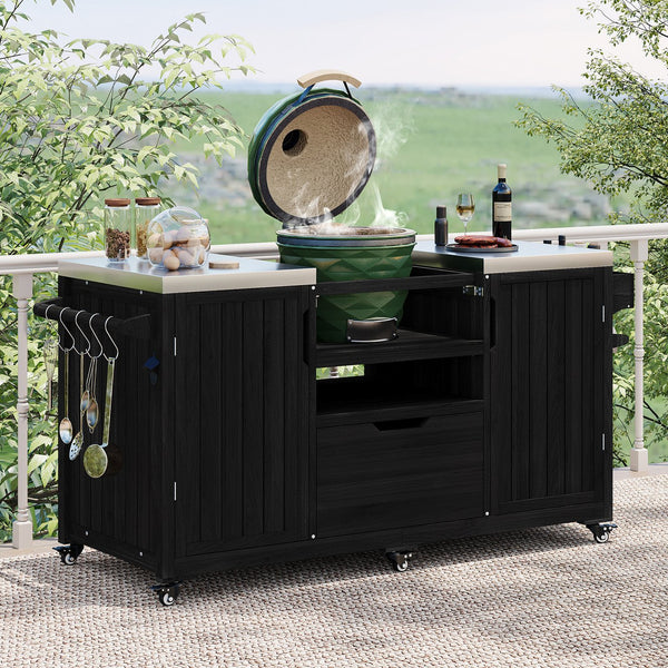 English Elm K&K 66.5" Outdoor Kitchen Island with 1.2" Stainless Steel Top, Ample Storage, Wheels & Bottle Opener Black N707P250629B