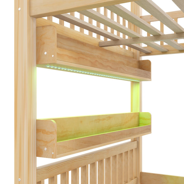 English Elm Full Size Solid Wood House Bed with Led Shelf Lighting for Kids Bedroom Natural N7500005026N