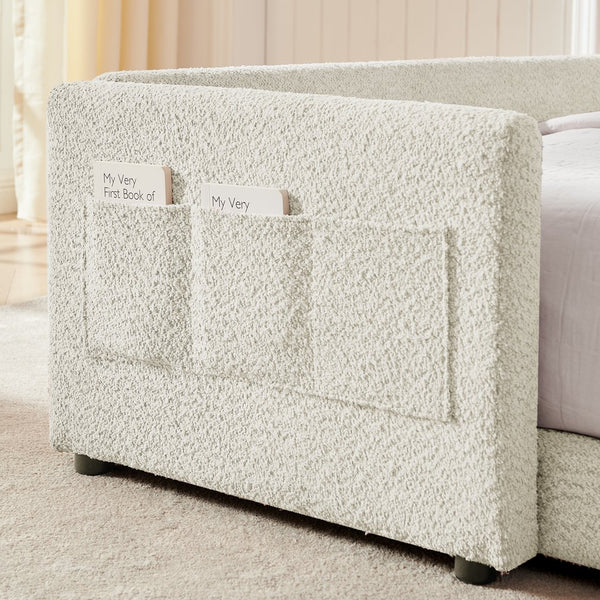 English Elm Full Size Boucle Platform Bed Whimsical Rabbit Ear Headboard with Safety Rail Beige W1413S00135