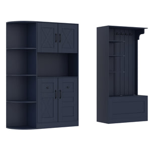 English Elm Multifunctional Modular Hall Tree Cabinet with Open Shelves and Hooks for Entryway Antique Blue W1580S00520