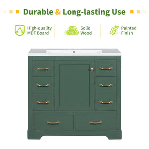 English Elm 36" Modern Bathroom Vanity Cabinet Base with Six Drawers, Adjustable Shelf & Drawer Organizer Green WF307973AAF