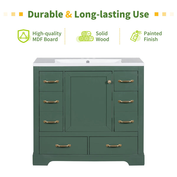 English Elm 36" Modern Bathroom Vanity Cabinet Base with Six Drawers, Adjustable Shelf & Drawer Organizer Green WF307973AAF