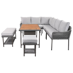 English Elm K&K 6-Piece Rope Patio L-Shaped Sectional Set with Acacia Wood Ice Box Table and Deep Cushions Grey N707S000014G