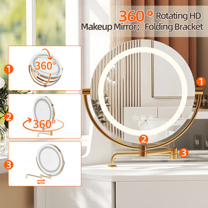 English Elm Corner Makeup Vanity Desk with 360° Rotating LED Mirror, Adjustable Brightness, L-Shaped Corner Design and Pull-Out Storage for Small Spaces White N844P263663A