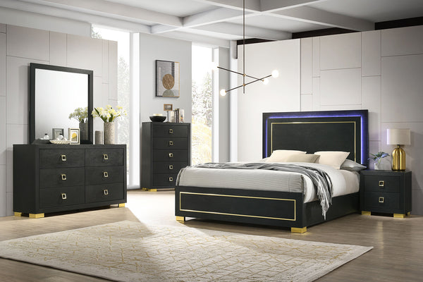 English Elm Contemporary Queen Bedroom Set Matte Black Wood Gold Legs Led Headboard Nightstands B2741S00157