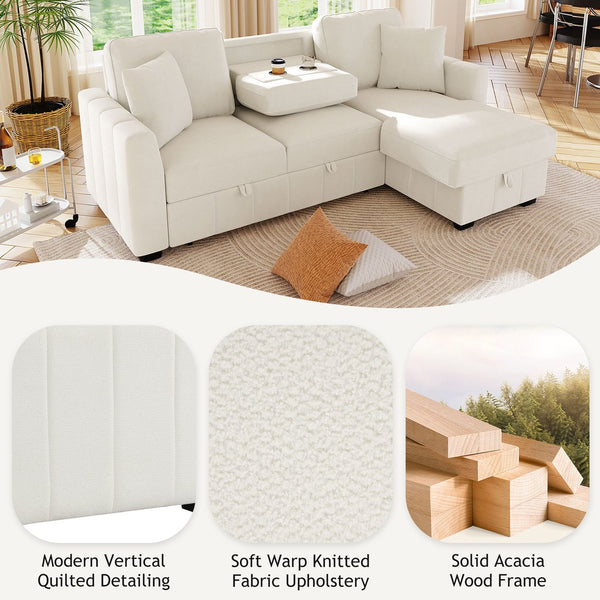 English Elm U_style Modular Sectional Sleeper Sofa with Storage Chaise and Cup Holders for Living Room Beige WY000467AAA