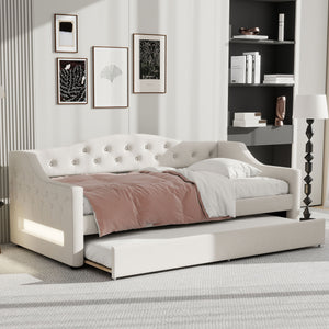 English Elm Upholstered Twin XL Daybed with Built-In LED Belt and Trundle, Linen Backrest, Modern Guest Bed Beige DL002050AAA