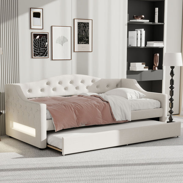 English Elm Upholstered Twin XL Daybed with Built-In LED Belt and Trundle, Linen Backrest, Modern Guest Bed Beige DL002050AAA