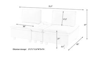 English Elm 74-inch flannel sofa with cup holders, storage compartment, adjustable backrest and solid wood frame Beige W1658S00123
