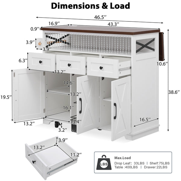 English Elm K&K 46.5'' Farmhouse Kitchen Island Cart with Beaded Drapes, Drop Leaf, Power Hub, Ample Storage White N707P254872W