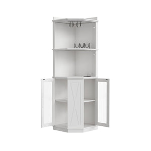 English Elm 67.3" Farmhouse Corner Bar Cabinet Led Lit Wine Storage with Built-in Power Outlets N735P361423K