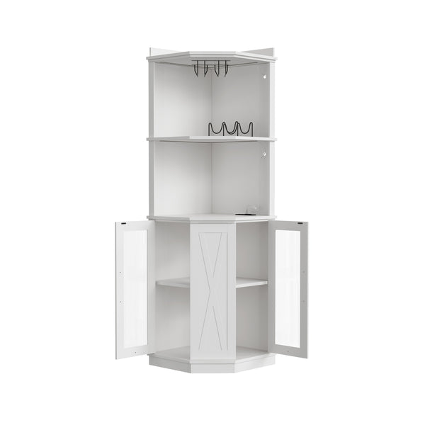 English Elm 67.3" Farmhouse Corner Bar Cabinet Led Lit Wine Storage with Built-in Power Outlets N735P361423K