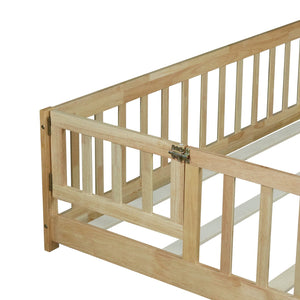 English Elm Queen Rubberwood Floor Bed with Perimeter Fence and Latch Door for Toddler Safety W504P370525