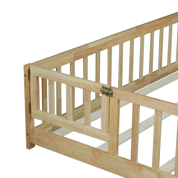 English Elm Queen Rubberwood Floor Bed with Perimeter Fence and Latch Door for Toddler Safety W504P370525