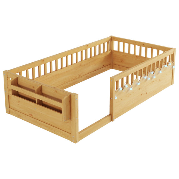 English Elm Twin Montessori Floor Bed Frame with High Rails and Built-In Light Shelf for Safe Independent Sleep Natural 79.13 L x 13 W x 6.3 H W2593P333571