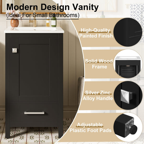 English Elm 18-Inch Modern Bathroom Vanity with Ceramic Sink, Soft-Close Doors, Divider Drawer & Adjusting Feet Black N729P334854B