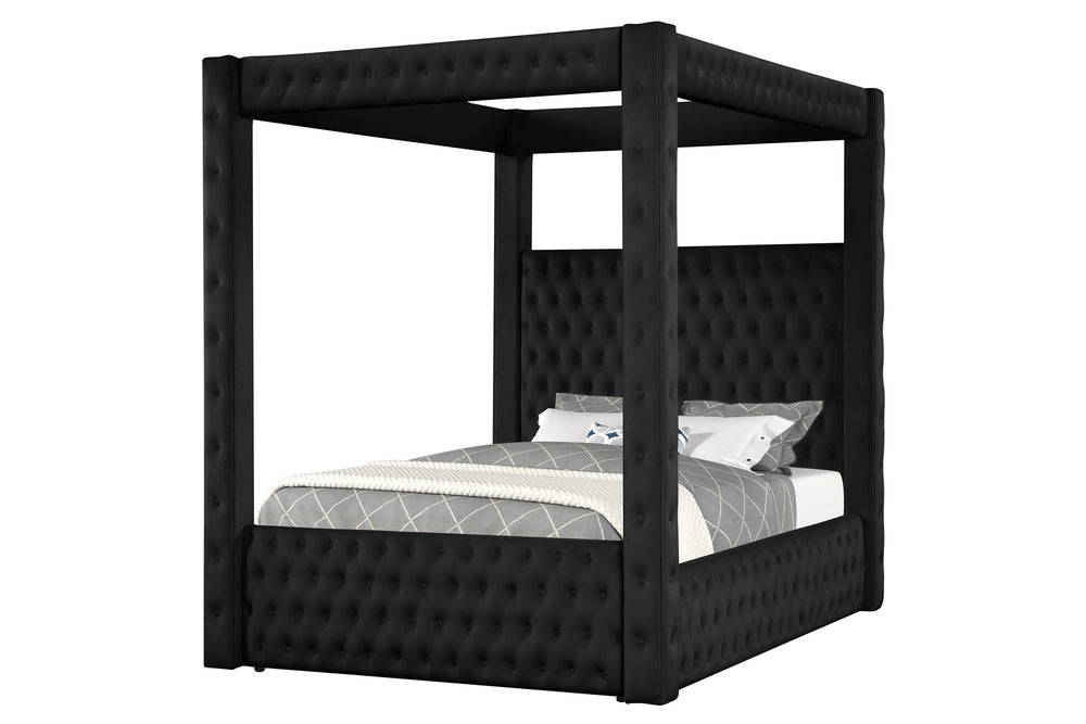 English Elm 1pc Velvet Four Poster Queen Bed Crystal Tufted Upholstered Glam Bedroom Frame Black B011S02306