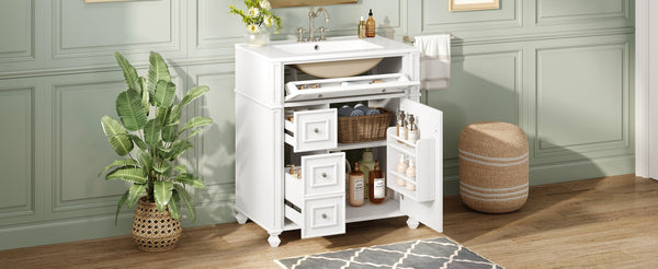 English Elm Bathroom Vanity with Sink French-Inspired 30" Ceramic Basin Vanity Cabinet with Soft-Close Doors & Drawer Organizer White N710P286723K