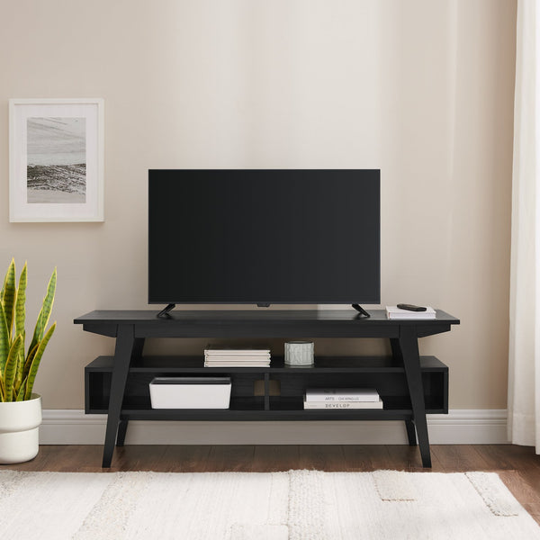 English Elm Walker Edison - Japandi Solid Wood TV Stand for TVs up to 50" in Black — Sleek Japandi-Scandi Design, Cord Management, Open Shelving, Renewable Wood B185P169028